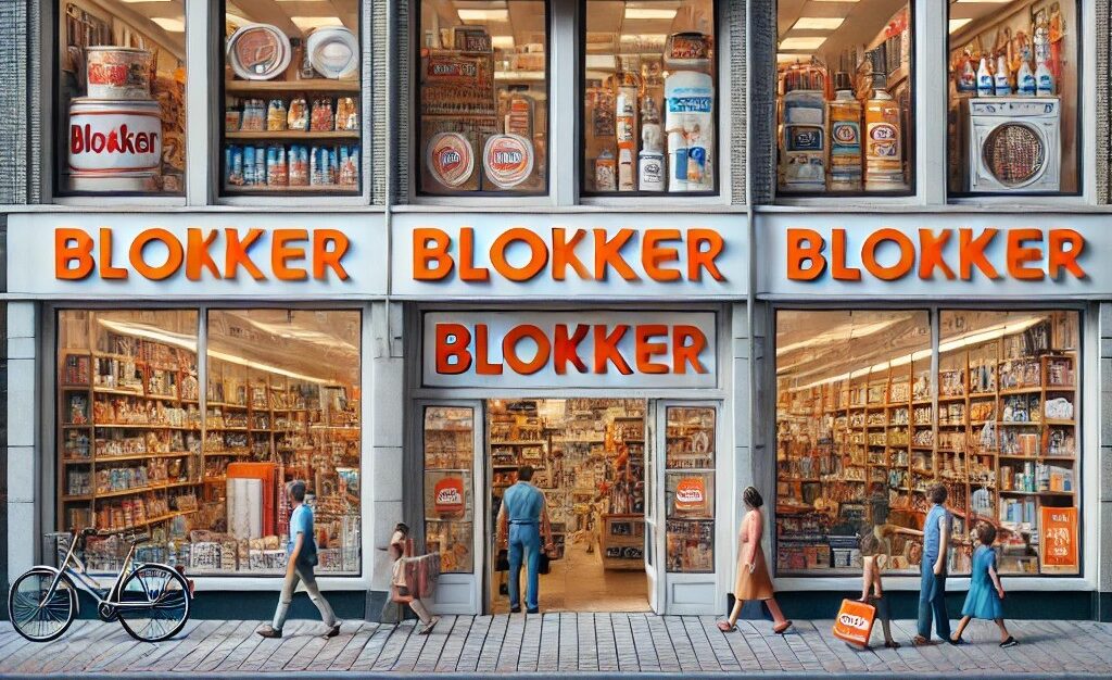 Een levendige en gedetailleerde afbeelding van een Blokker-winkel, een iconisch Nederlands bedrijf. De scène toont de Blokker-winkel met het duidelijk zichtbare oranje en witte logo. De winkelramen tonen een verscheidenheid aan huishoudelijke artikelen zoals keukenwaren, schoonmaakspullen en kleine apparaten. Mensen lopen de winkel in en uit, sommigen dragen tassen met het Blokker-logo. De buitenkant van de winkel is modern en schoon, wat de langdurige aanwezigheid van het merk in Nederland weerspiegelt. De algehele sfeer is druk en uitnodigend.