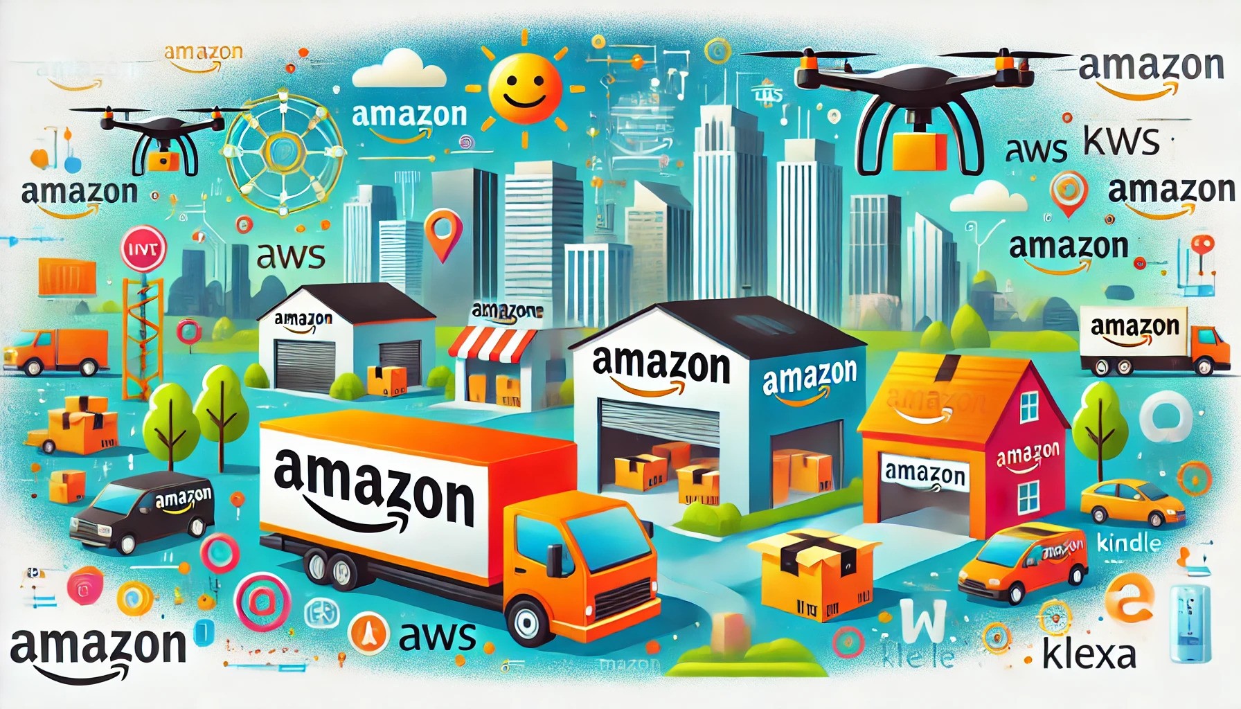 Een levendige illustratie van Amazon. Op de voorgrond staat een Amazon-bezorgtruck geparkeerd voor een modern magazijn met het Amazon-logo duidelijk zichtbaar. Aan de zijkant levert een drone een pakket af bij een huis in een buitenwijk. Op de achtergrond is de skyline te zien met wolkenkrabbers die het hoofdkantoor van Amazon vertegenwoordigen, met het Amazon-logo bovenop. Diverse iconen zweven rond die Amazon-diensten zoals Amazon Prime, AWS, Kindle en Alexa vertegenwoordigen. De hele scène weerspiegelt innovatie, technologie en de brede impact van Amazon.