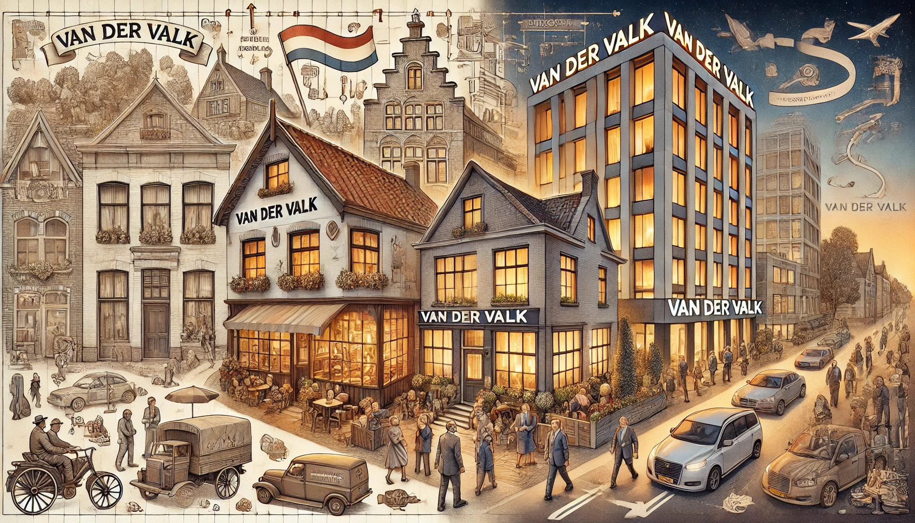 Een illustratie die de evolutie van Van der Valk weergeeft. Links is een gezellig familiebedrijf met een traditioneel restaurant en het originele Van der Valk logo in een dorpsomgeving. Rechts is een modern, hoog hotel met het vernieuwde Van der Valk logo in een stedelijke omgeving. Tussen de twee scènes loopt een tijdlijn met pijlen die de groei en uitbreiding van het bedrijf symboliseren.