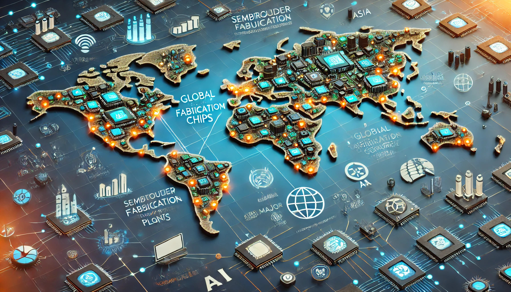 Een wereldkaart die de wereldwijde invloed van chips illustreert. Belangrijke regio's zoals Noord-Amerika, Europa en Azië zijn gemarkeerd met iconen voor halfgeleiderfabrieken, grote technologiebedrijven en innovatiecentra. Verbindingslijnen vertegenwoordigen wereldwijde toeleveringsketens en gegevensoverdracht. Symbolen voor technologische toepassingen zoals smartphones, computers, AI en autotechnologie zijn inbegrepen. De kaart heeft een strak, modern ontwerp met levendige kleuren en duidelijke labels om de onderlinge verbondenheid van de halfgeleiderindustrie te benadrukken.