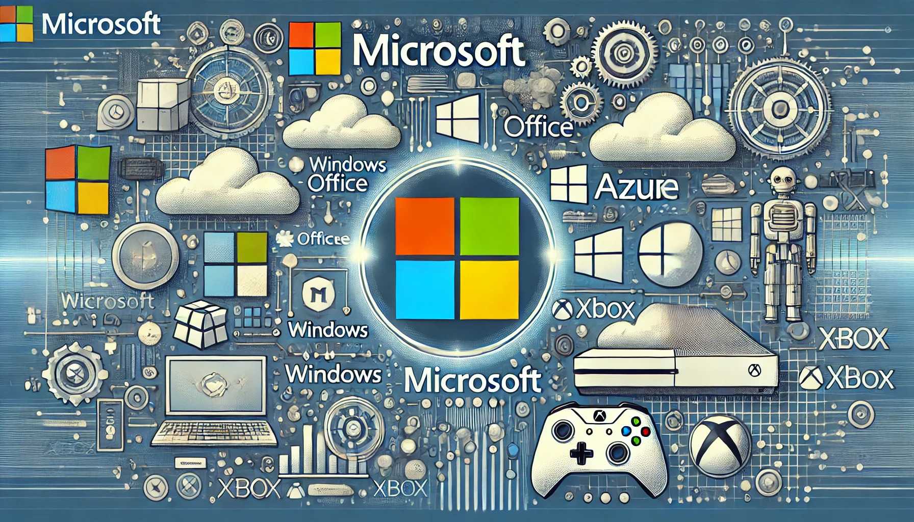 Een dynamische illustratie die de impact van Microsoft op technologie toont. Het logo van het bedrijf is prominent aanwezig, samen met representaties van belangrijke producten zoals Windows, Office, Azure en Xbox. De achtergrond heeft een modern, tech-geïnspireerd thema met elementen zoals digitale rasters en datastromen, en een kleurenpalet van blauw, wit en grijs. het gaat over Hoe Microsoft Een Gigant Werd!