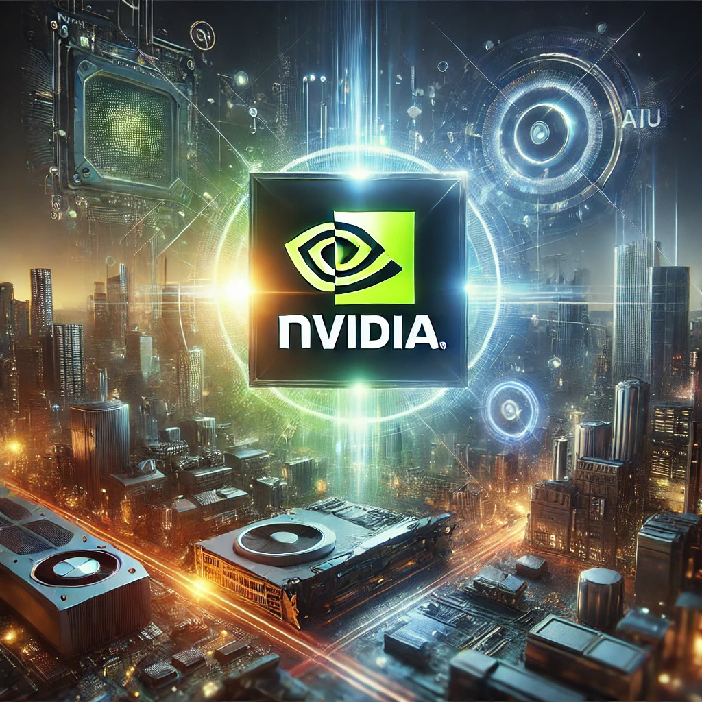 Een dynamische en visueel opvallende afbeelding die Nvidia als pionier in grafische innovatie toont. De afbeelding bevat een futuristisch stadsbeeld met hightech gebouwen en gloeiende neonlichten. Op de voorgrond straalt een strak en modern Nvidia-logo, omgeven door visuele elementen zoals computerchips, GPU's en holografische displays. De achtergrond bevat subtiele grafische elementen van gaming, AI en machine learning. De kleuren zijn levendig, met een mix van groen, blauw en metallic tinten.