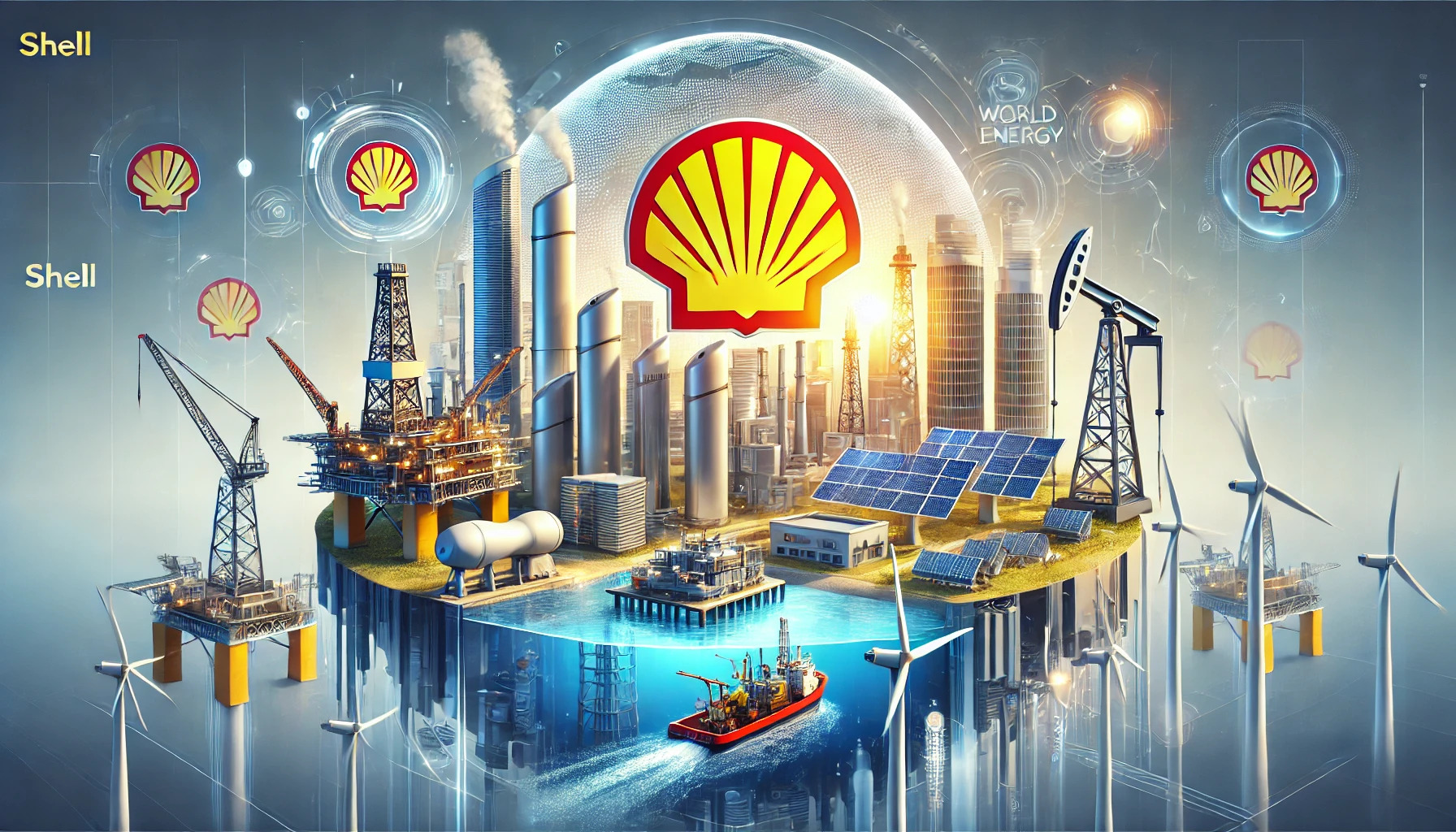 Afbeelding van Shell als wereldleider in energie, met een prominent Shell-logo. Te zien zijn een moderne olieraffinaderij, een offshore boorplatform, windturbines en zonnepanelen, tegen een achtergrond van een wereldkaart. De afbeelding gebruikt levendige kleuren en een professioneel ontwerp om innovatie en leiderschap in de energiesector te benadrukken.